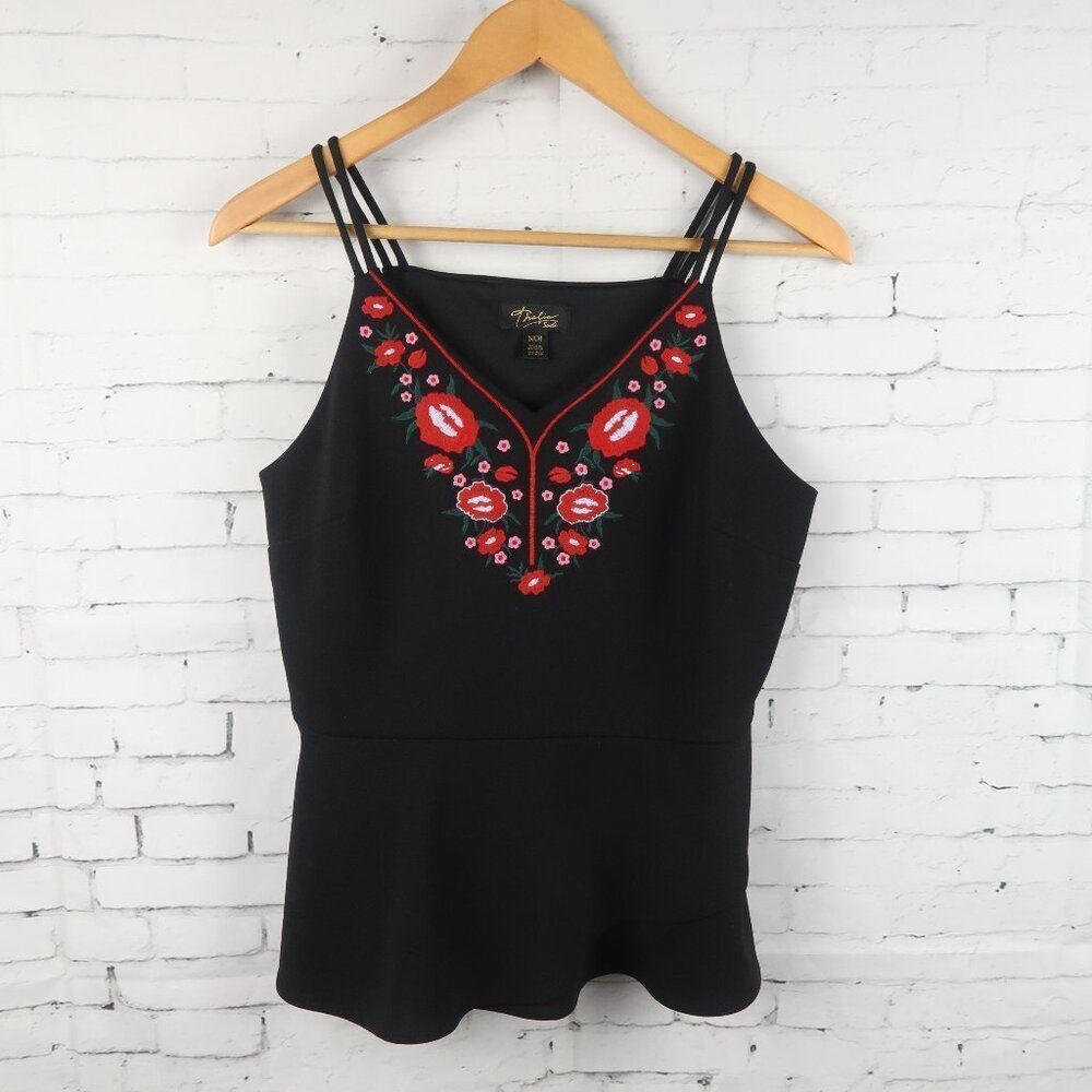 THALIA SODI BLACK SLEEVELESSS V NECK PEPLUM TOP WITH FLORAL EMBROIDERY SIZE S